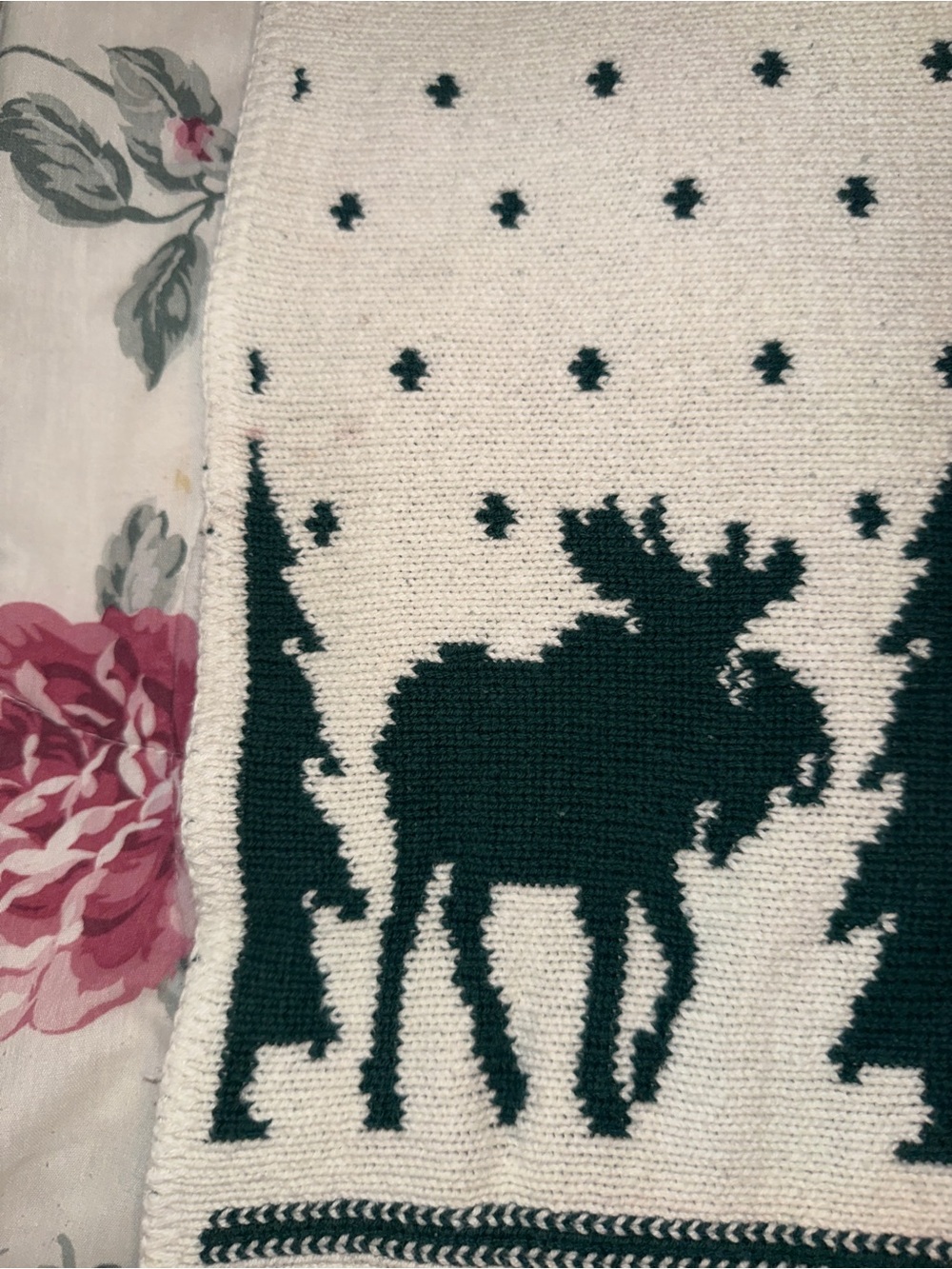 Vintage Alps Knit Blanket Green Cream Moose Cabin Lodge Throw - Picture 5 of 5